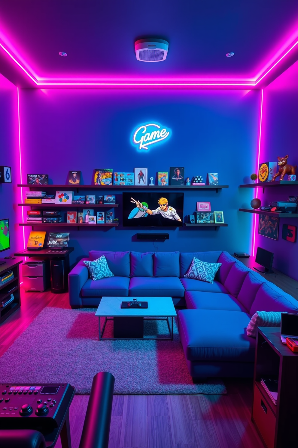 A dynamic game room filled with energy. The walls are painted in a deep blue, and neon lights in shades of pink and green outline the space, creating an electrifying ambiance. A large sectional sofa in a bold color sits in the center, surrounded by a sleek coffee table and gaming consoles. Wall-mounted shelves display an array of board games and collectibles, while a neon sign adds a playful touch above the entertainment area.