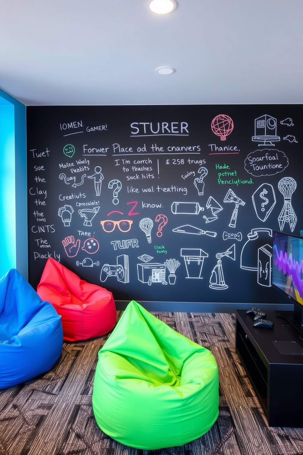 A vibrant game room featuring an interactive chalkboard wall that encourages creativity and collaboration. The space includes a comfortable seating area with colorful bean bags and a sleek gaming console setup.