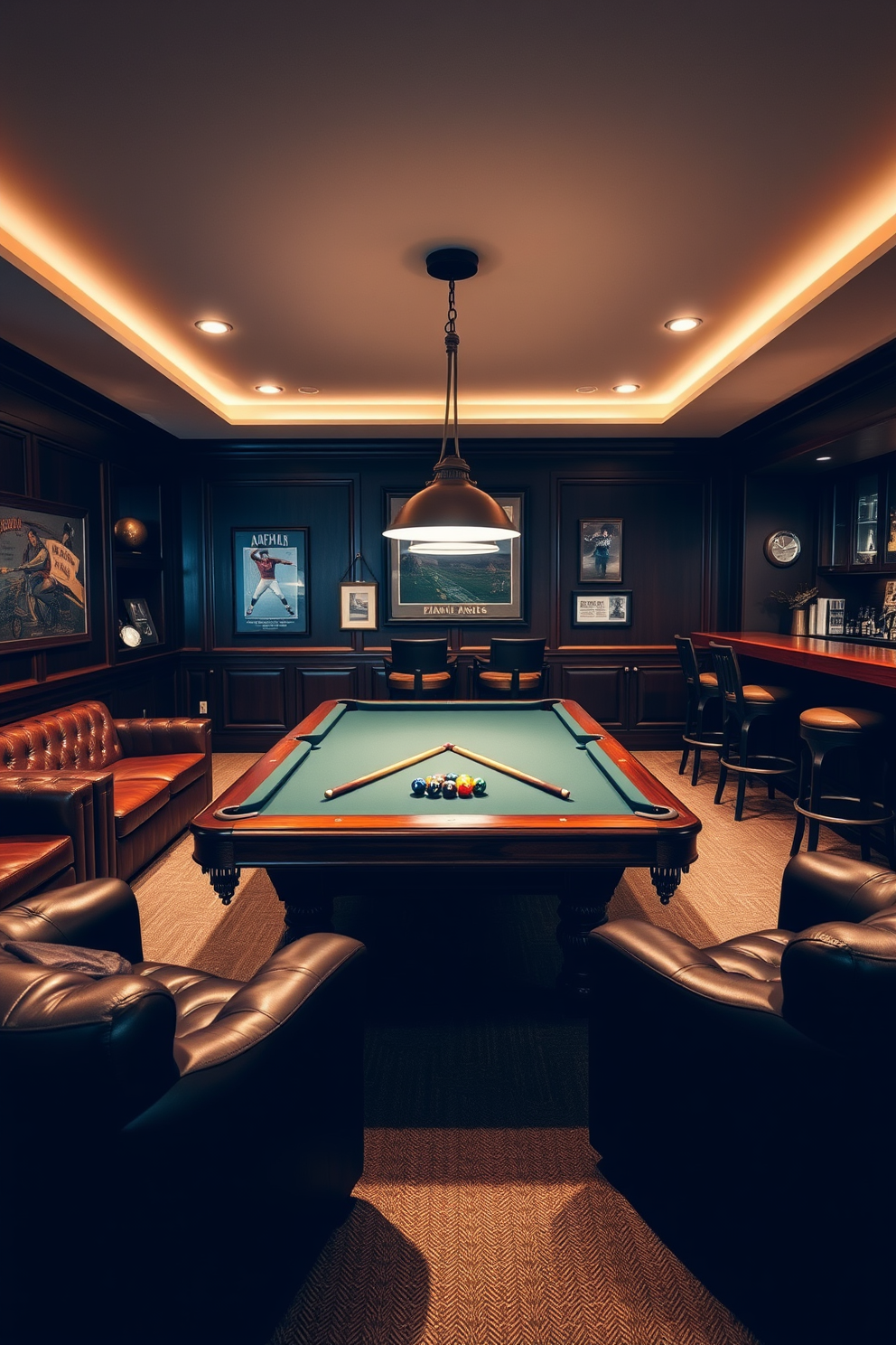 A classic pool table takes center stage in a stylish game room designed for entertainment and relaxation. Surrounding the table, plush seating in rich leather invites friends and family to gather and enjoy a friendly game. The walls are adorned with vintage sports memorabilia and soft lighting creates a warm ambiance. A polished wooden bar with high stools complements the overall aesthetic, providing a perfect spot for refreshments.