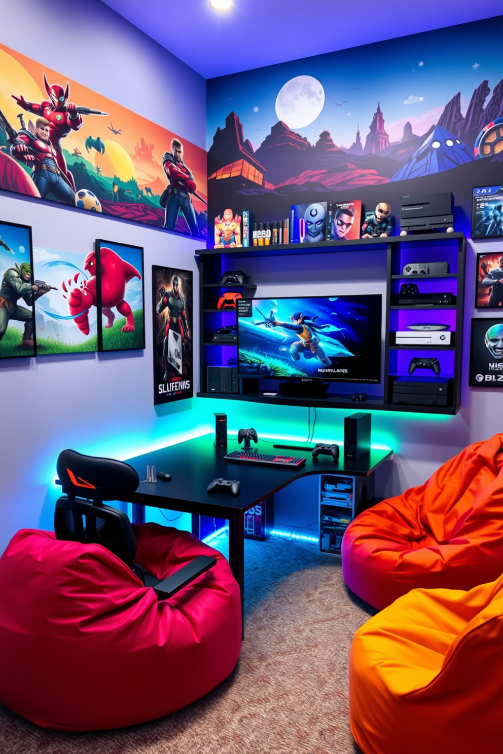 A themed gaming corner features a sleek black gaming desk with LED strip lighting underneath. The walls are adorned with vibrant wall art depicting iconic video game characters and landscapes. Comfortable bean bag chairs in bright colors provide seating for friends. A large flat-screen TV is mounted on the wall, surrounded by shelves filled with gaming consoles and collectibles.