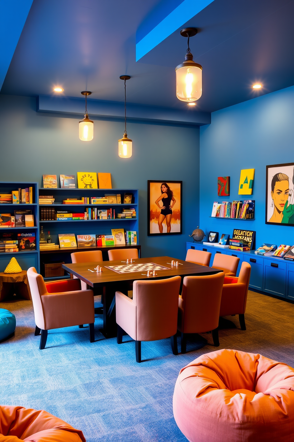 A vibrant multi-purpose game room designed for board games features a large central table surrounded by comfortable upholstered chairs. The walls are painted in a playful blue hue, complemented by shelves filled with a variety of board games and colorful artwork. Soft lighting fixtures hang from the ceiling, creating a warm atmosphere perfect for game nights. A cozy seating area with a sectional sofa and bean bags is situated in one corner, inviting friends and family to relax and enjoy their time together.