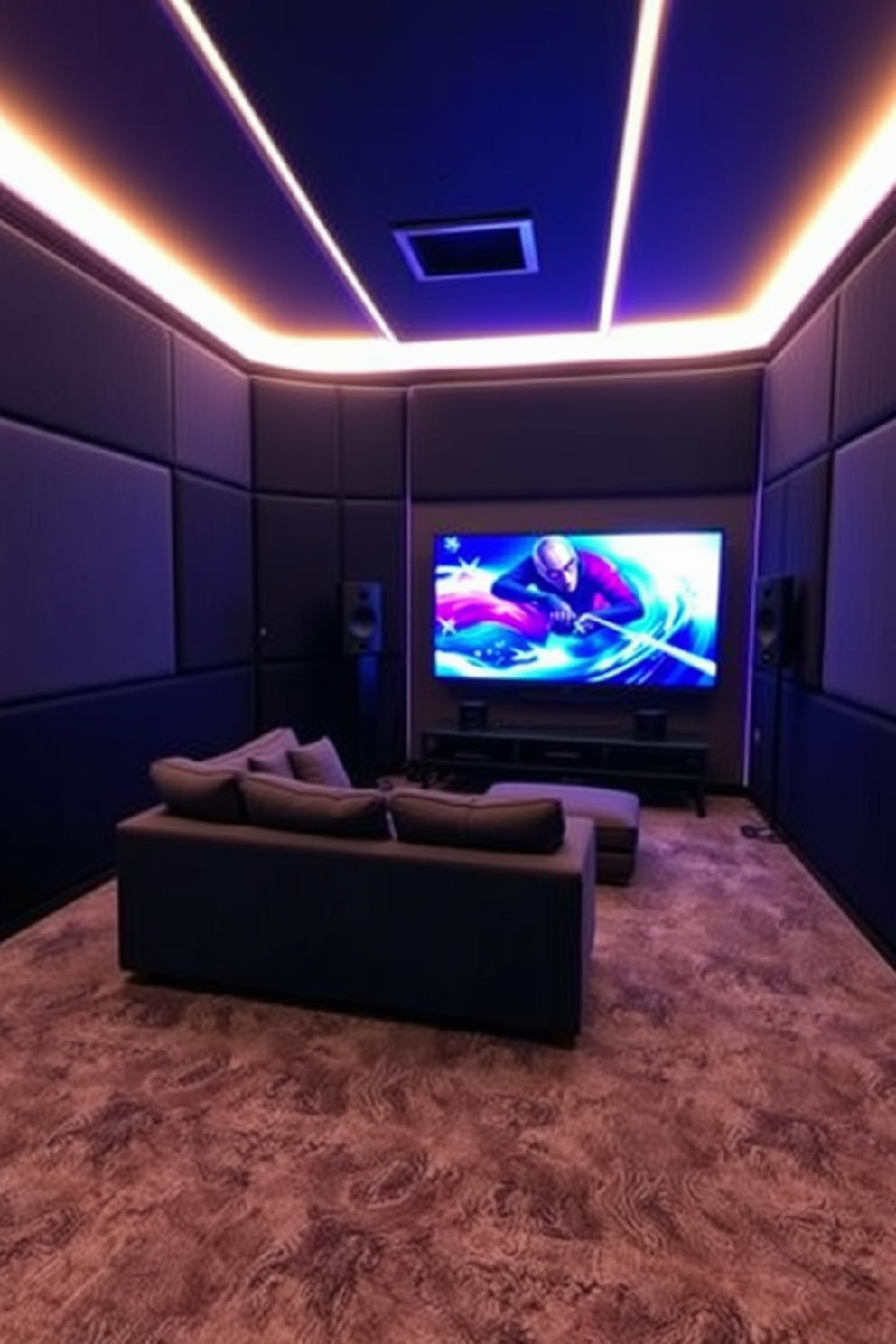 A soundproof gaming room designed for an immersive experience. The walls are lined with acoustic panels in dark colors to minimize noise and enhance sound quality. The flooring is a plush carpet that absorbs sound, providing comfort during long gaming sessions. A large sectional sofa is positioned in front of a wall-mounted screen, with LED strip lighting creating a dynamic atmosphere.