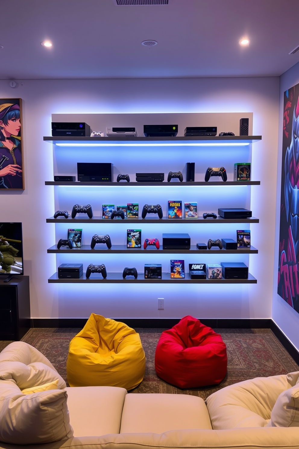 A modern game room featuring sleek display shelves for gaming consoles. The shelves are mounted on the wall, showcasing a variety of consoles and games, illuminated by subtle LED lighting. The room is designed with a comfortable seating area, including a large sectional sofa and bean bags for a relaxed atmosphere. The walls are adorned with vibrant gaming-themed artwork, creating an immersive environment for gaming enthusiasts.