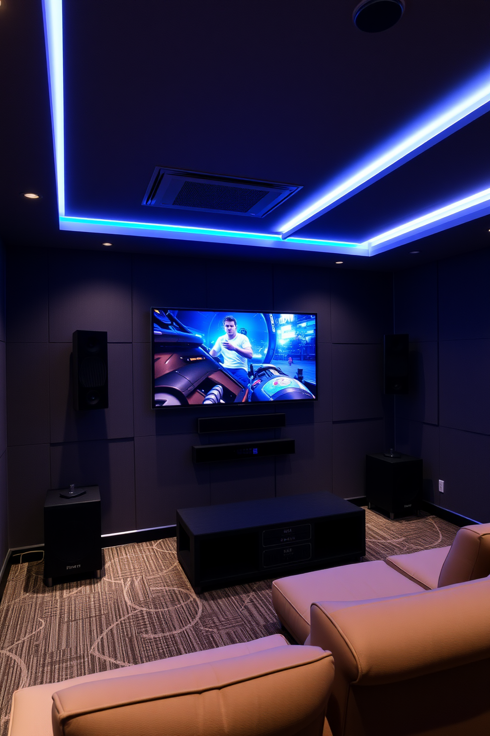 A modern game room featuring a wall-mounted monitor with a sleek design. The room is equipped with comfortable seating, ambient lighting, and soundproofing elements for an immersive gaming experience.