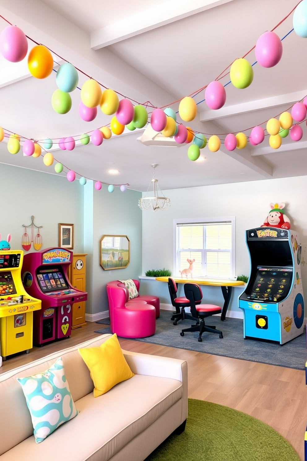 Create a vibrant game room decorated for Easter. Colorful Easter egg garland drapes across the shelves, adding a festive touch to the playful atmosphere.