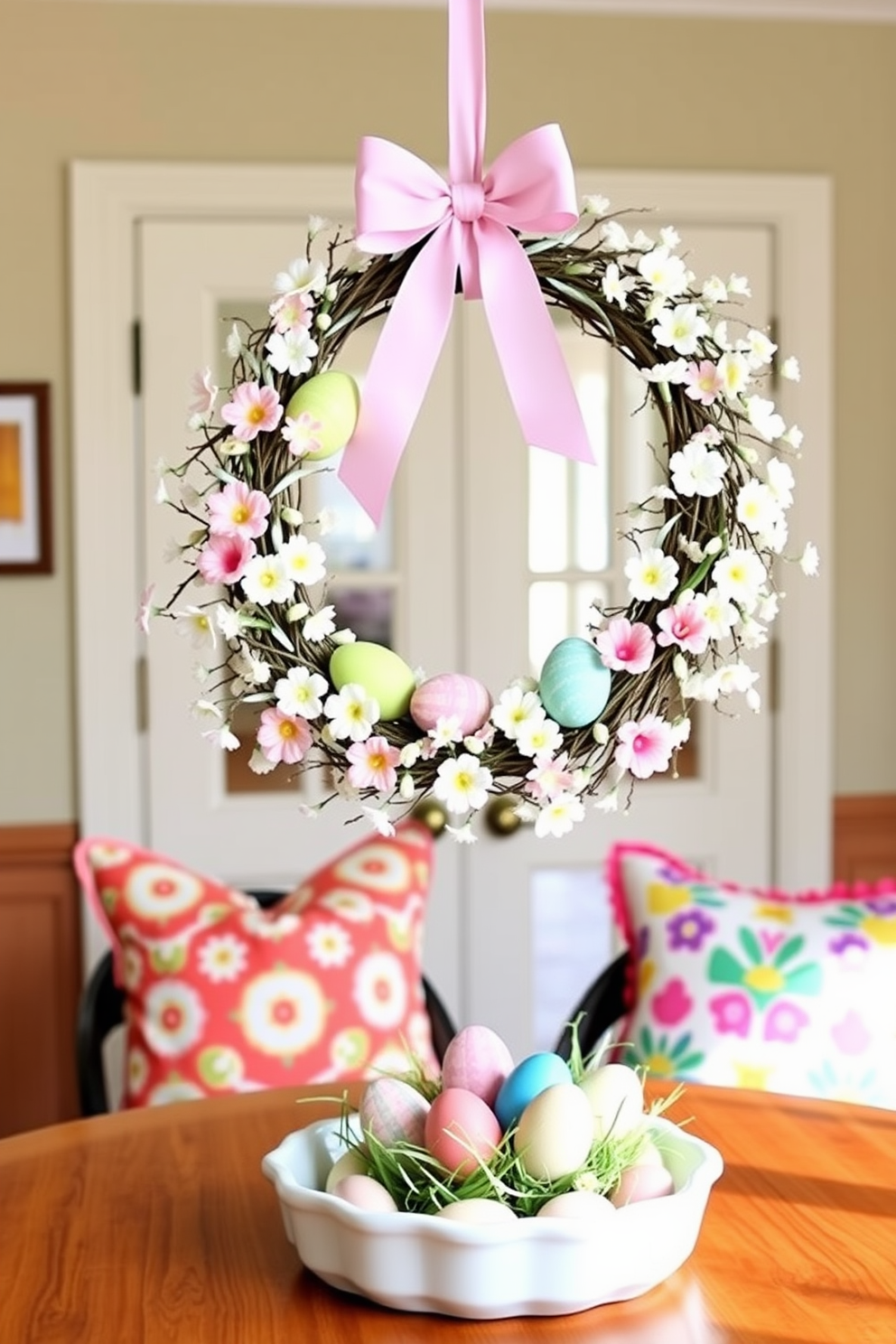 Easter wreath adorned with pastel-colored eggs and delicate flowers hangs on the game room door. The game room features playful decor with vibrant cushions and a festive table centerpiece that captures the spirit of Easter.