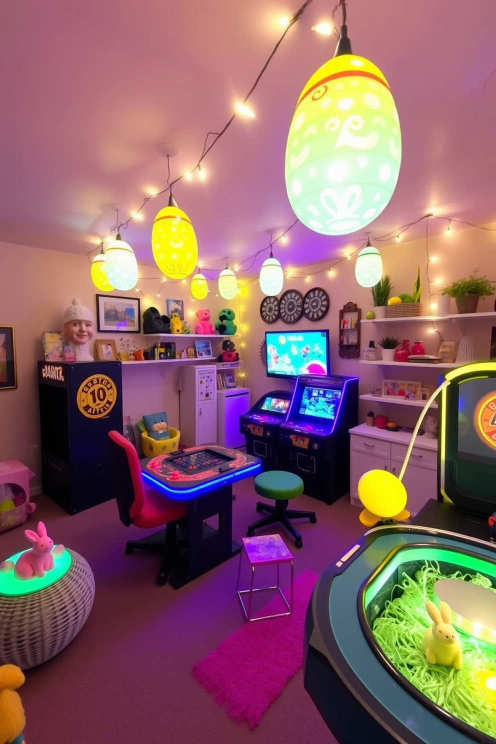 A vibrant game room setting adorned for Easter. Colorful baskets filled with various game supplies are strategically placed around the room, creating a festive atmosphere. The walls are decorated with playful Easter-themed artwork. Plush seating areas invite guests to relax and enjoy the games amidst the cheerful decor.