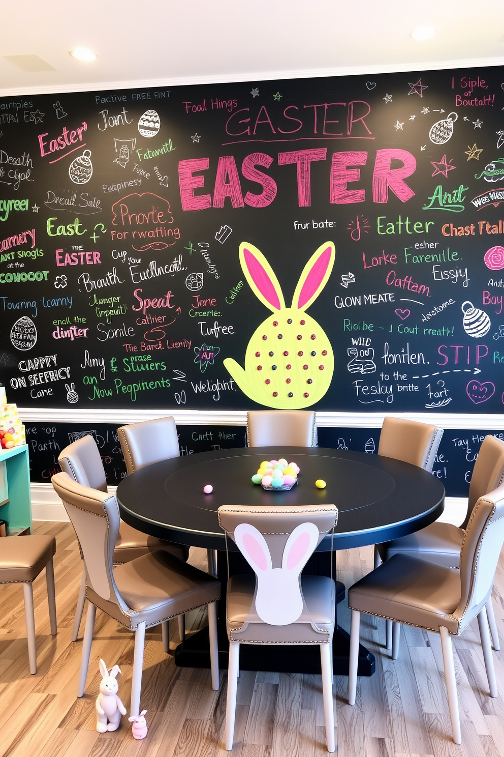 A vibrant game room designed for Easter celebrations features wall-mounted shelves adorned with colorful Easter decorations. Plush seating in pastel hues invites guests to relax and enjoy the festive atmosphere while surrounded by playful decor elements.