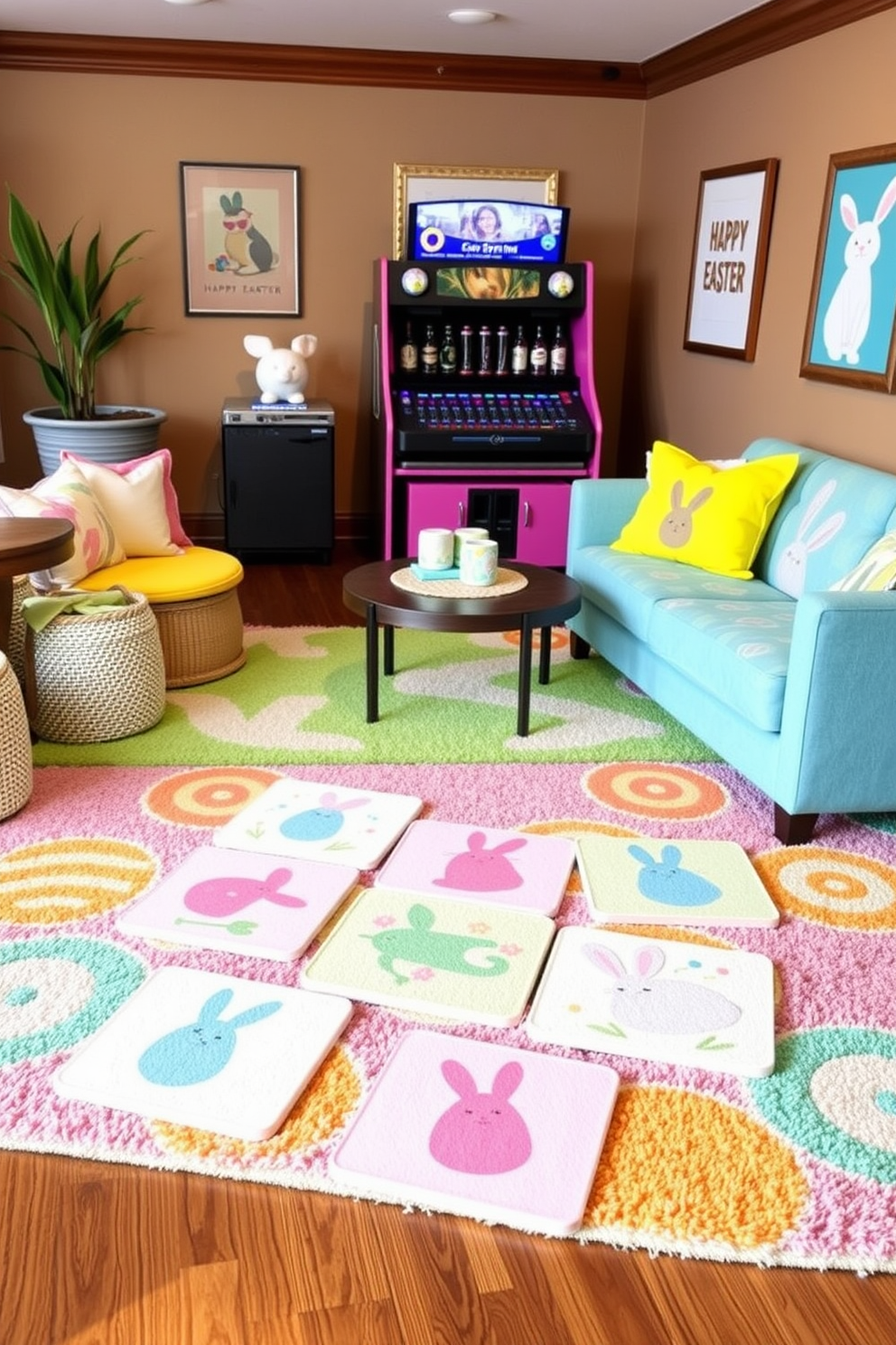 A vibrant game room filled with colorful streamers hanging from the ceiling creates a festive atmosphere. The walls are adorned with playful artwork, and a large gaming console is set up with comfortable seating for friends and family. Easter decorations are tastefully integrated into the space, featuring pastel-colored accents and themed table settings. A cozy corner is set up with plush cushions and a decorative basket filled with Easter eggs, inviting guests to relax and enjoy the celebration.