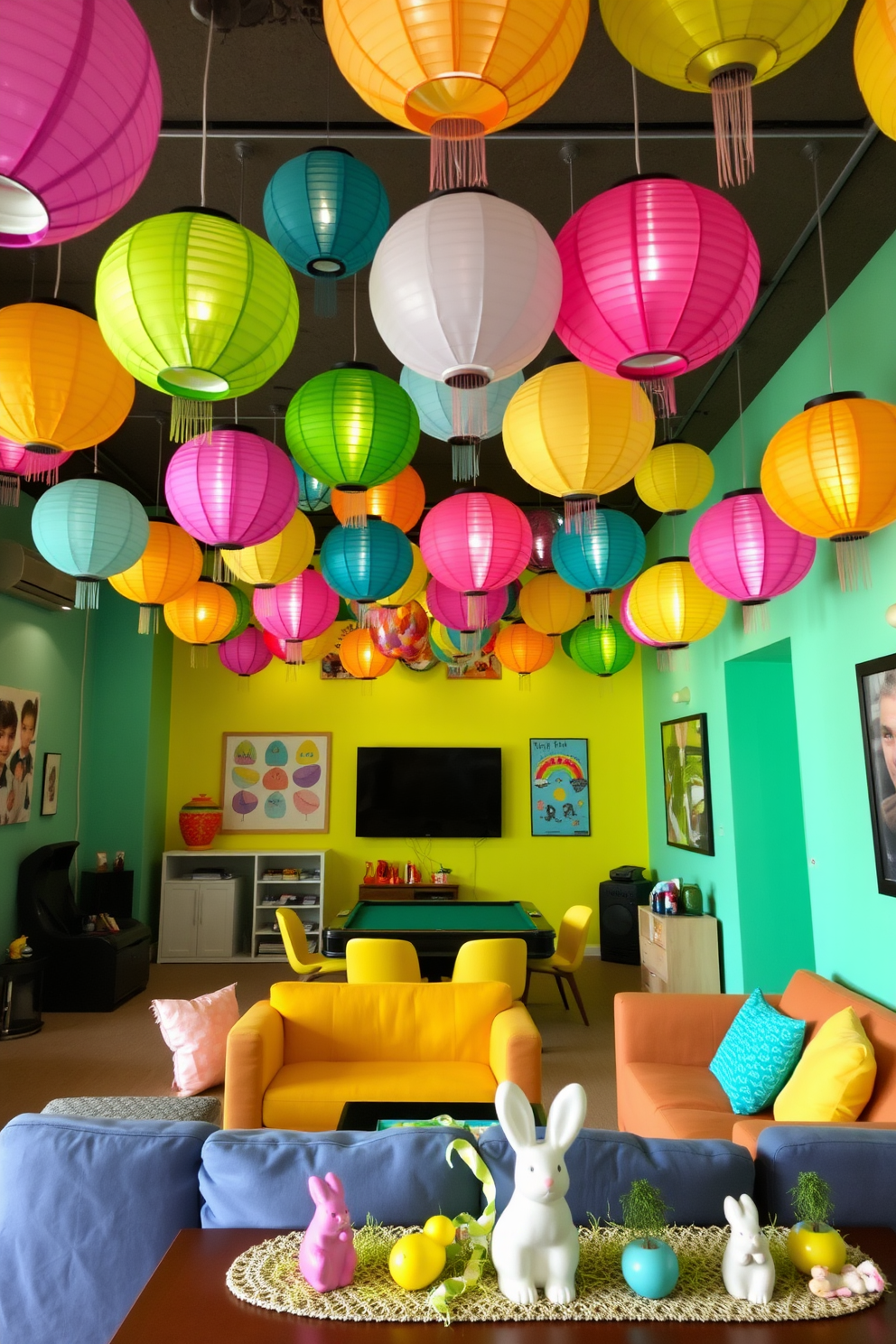 A vibrant game room filled with colorful paper lanterns hanging from the ceiling creates a playful atmosphere. The walls are adorned with cheerful artwork and the furniture is arranged for comfort and fun. Easter decorations bring a festive touch, featuring pastel-colored eggs and bunny figurines strategically placed around the room. A cozy seating area invites friends and family to gather and enjoy games together.