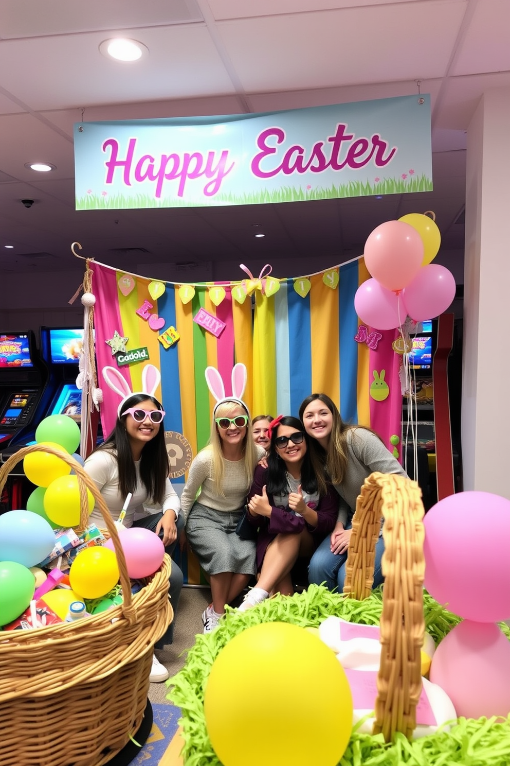 A vibrant DIY photo booth is set up in the game room, featuring a colorful backdrop adorned with Easter-themed decorations. Various props such as bunny ears, egg-shaped sunglasses, and pastel-colored balloons are scattered around for guests to enjoy. The game room is decorated with playful accents, including a large Easter basket filled with candy and plush toys. A cheerful banner reading Happy Easter hangs above the photo booth, inviting everyone to capture fun memories.