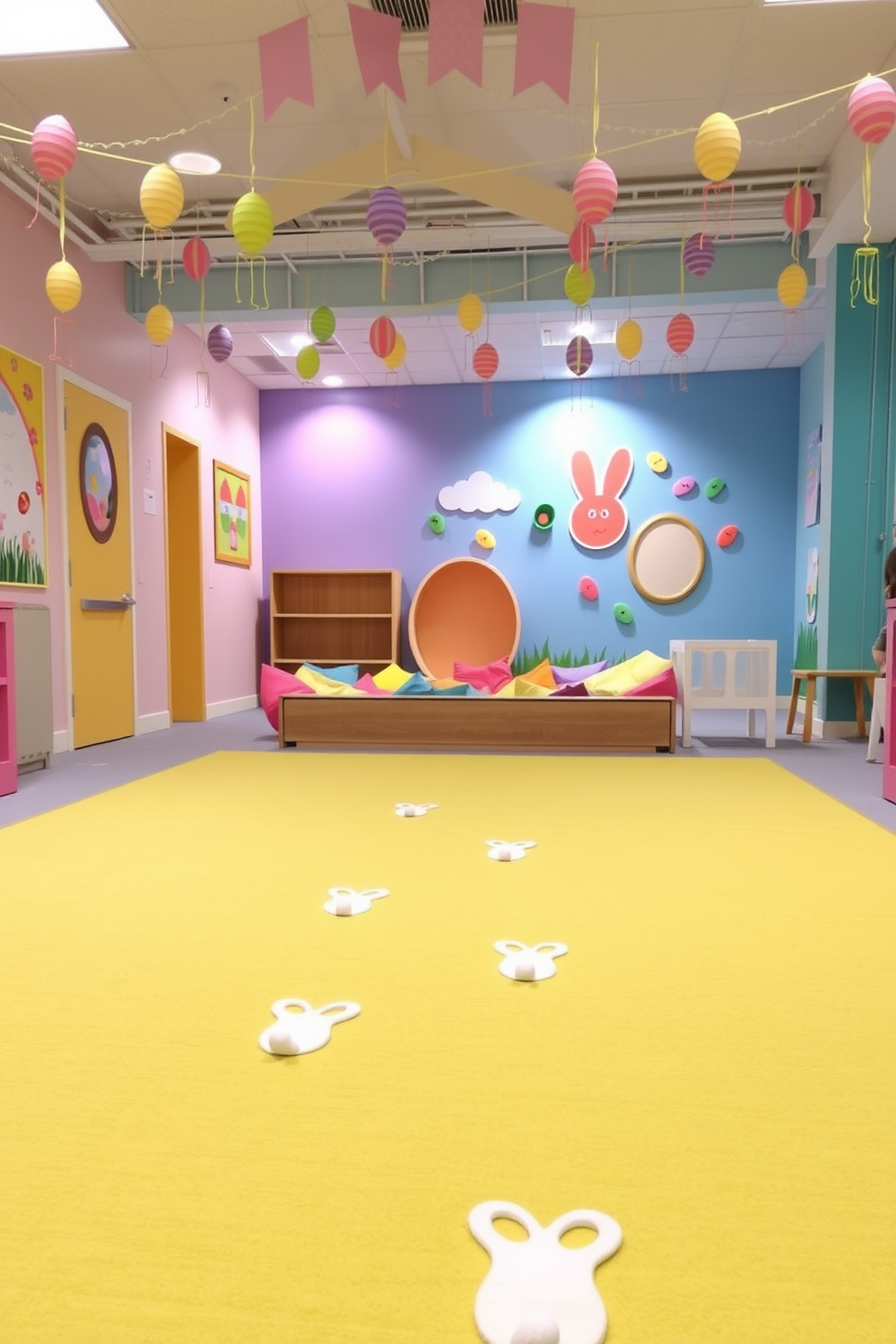 Bunny footprints trail across a soft carpet leading to a vibrant game area filled with colorful bean bags and playful wall art. The space is adorned with cheerful Easter decorations, including pastel-colored banners and whimsical egg garlands hanging from the ceiling.