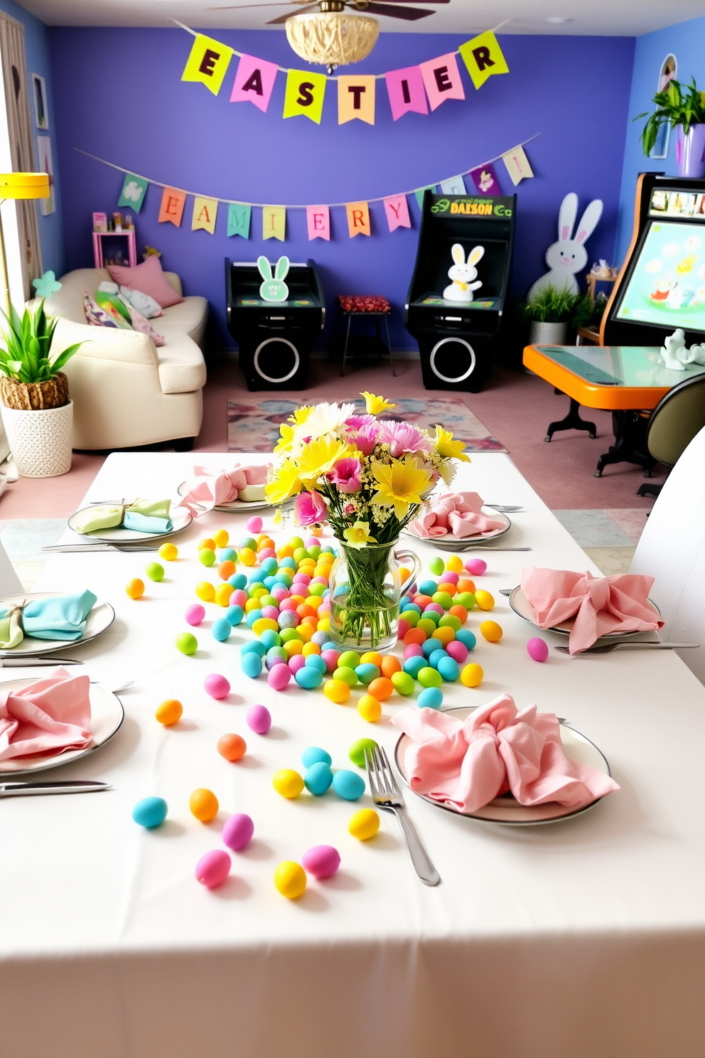 A vibrant festive table centerpiece is adorned with colorful candy eggs nestled in a bed of fresh spring flowers. Surrounding the centerpiece are pastel-colored plates and whimsical napkins that enhance the cheerful theme of the Easter celebration. In the game room, playful decorations featuring Easter motifs create a fun and inviting atmosphere. Brightly colored bunting and themed cushions add a festive touch, making the space perfect for family gatherings and holiday festivities.