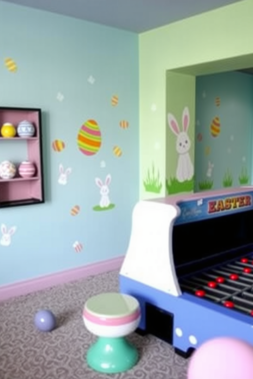 Easter-themed wall decals featuring colorful eggs and playful bunnies are scattered across the walls to create a festive atmosphere. The game room is adorned with cheerful pastel colors, enhancing the playful vibe while inviting friends and family to enjoy the space.