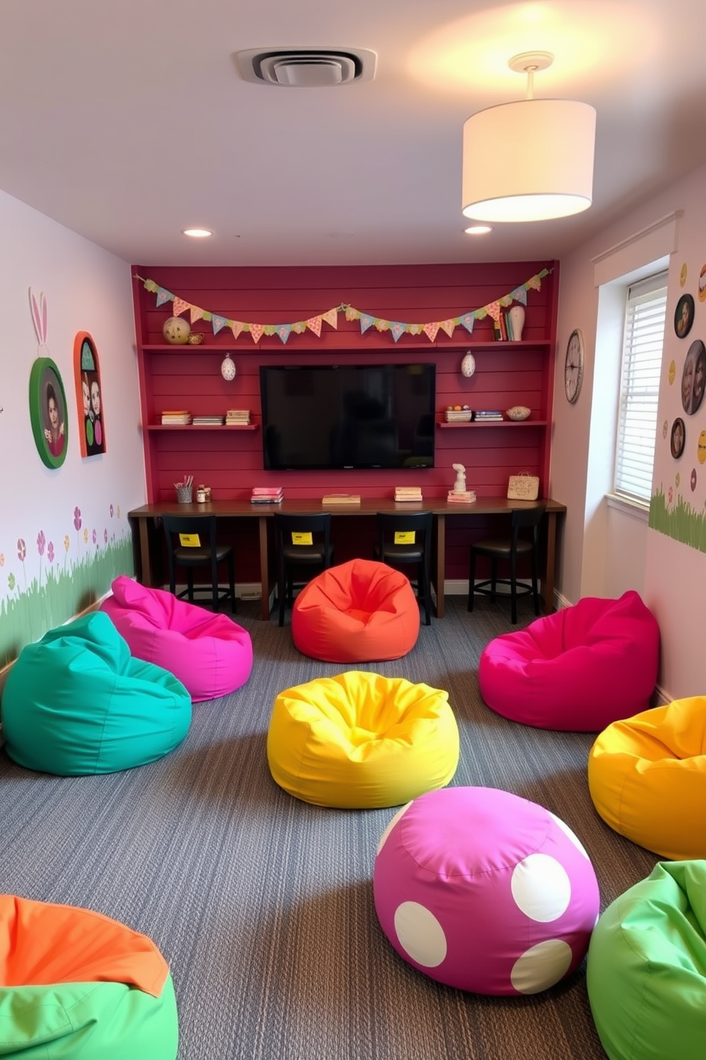 A cozy game room featuring vibrant egg-shaped bean bags arranged for comfortable seating. The walls are adorned with playful Easter-themed decorations, creating a festive and inviting atmosphere.