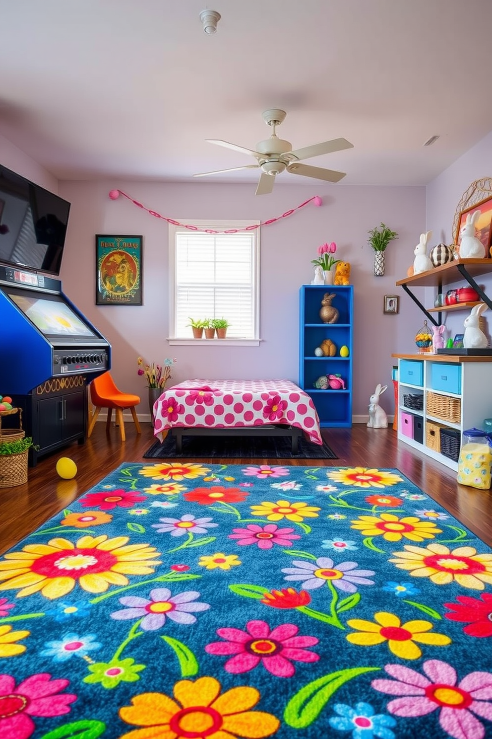 A cozy game room featuring a vibrant display of Easter-themed board games arranged neatly on a wooden shelf. The walls are adorned with cheerful pastel decorations, and a large, plush area rug adds warmth to the space. Colorful bean bags and a comfortable sofa invite family and friends to gather and enjoy festive game nights. Soft lighting from stylish lamps creates a welcoming atmosphere, perfect for celebrating the Easter holiday together.