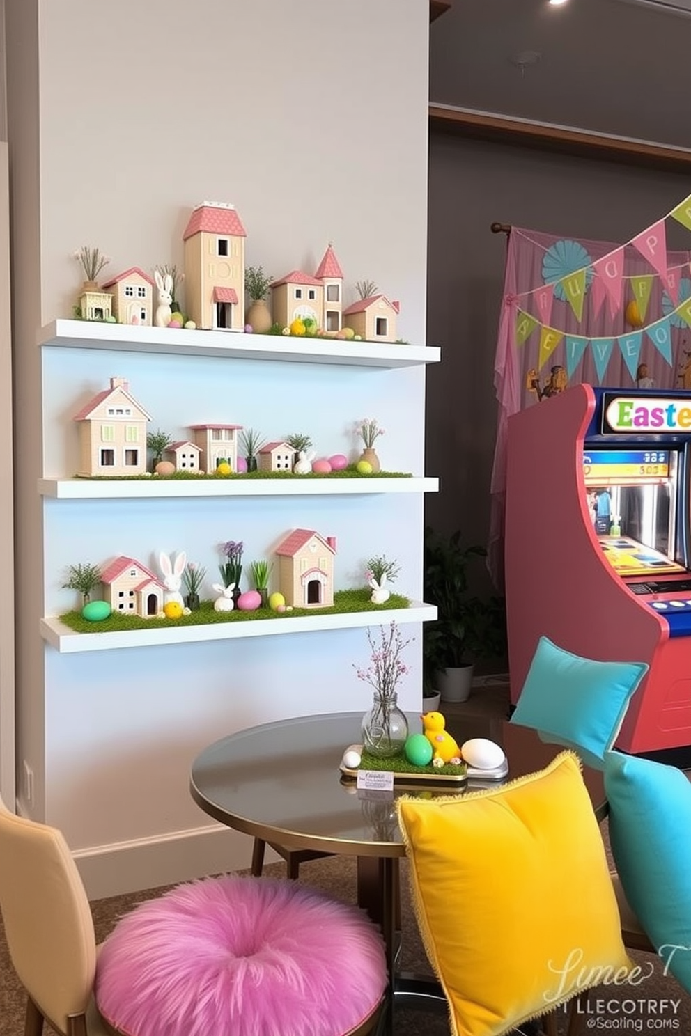 A charming miniature Easter village display is arranged on multiple shelves, featuring pastel-colored houses and tiny figurines of bunnies and chicks. The shelves are adorned with decorative eggs and spring flowers, creating a whimsical atmosphere. The game room is transformed with Easter-themed decorations, including colorful banners and playful table centerpieces. Plush cushions in Easter colors invite guests to relax while enjoying games with family and friends.