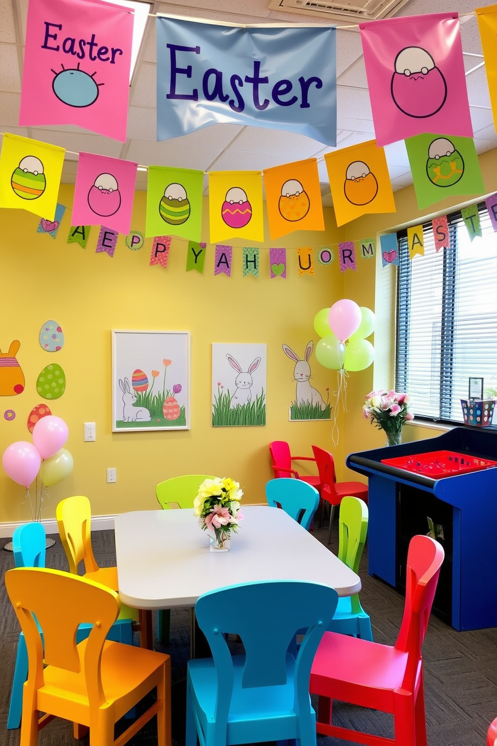 Colorful banners with Easter greetings hang from the ceiling, creating a festive atmosphere in the game room. The walls are adorned with playful artwork featuring Easter eggs and bunnies, adding a cheerful touch to the space. In one corner, a large table is set up for games, surrounded by vibrant chairs that invite family and friends to gather. Easter-themed decorations, such as pastel-colored balloons and floral centerpieces, enhance the playful vibe of the room.