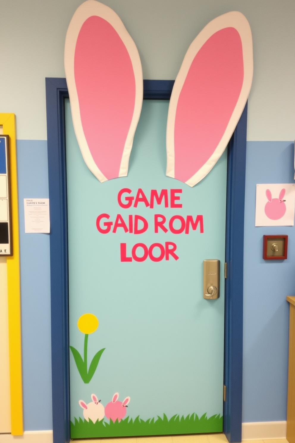 A whimsical game room door adorned with oversized bunny ears made of soft pastel fabric. The door is painted in a cheerful shade of light blue, inviting playful Easter-themed decorations that enhance the festive atmosphere.