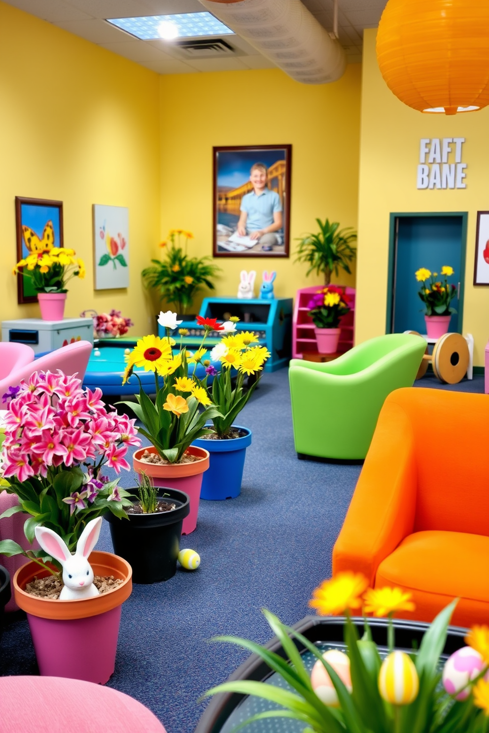 A vibrant game room filled with excitement. Potted spring flowers in colorful arrangements are placed throughout the space, adding a fresh and cheerful ambiance. The walls are adorned with playful artwork and the furniture is designed for comfort and fun. Easter-themed decorations, such as pastel-colored eggs and bunny figurines, are strategically placed to enhance the festive atmosphere.