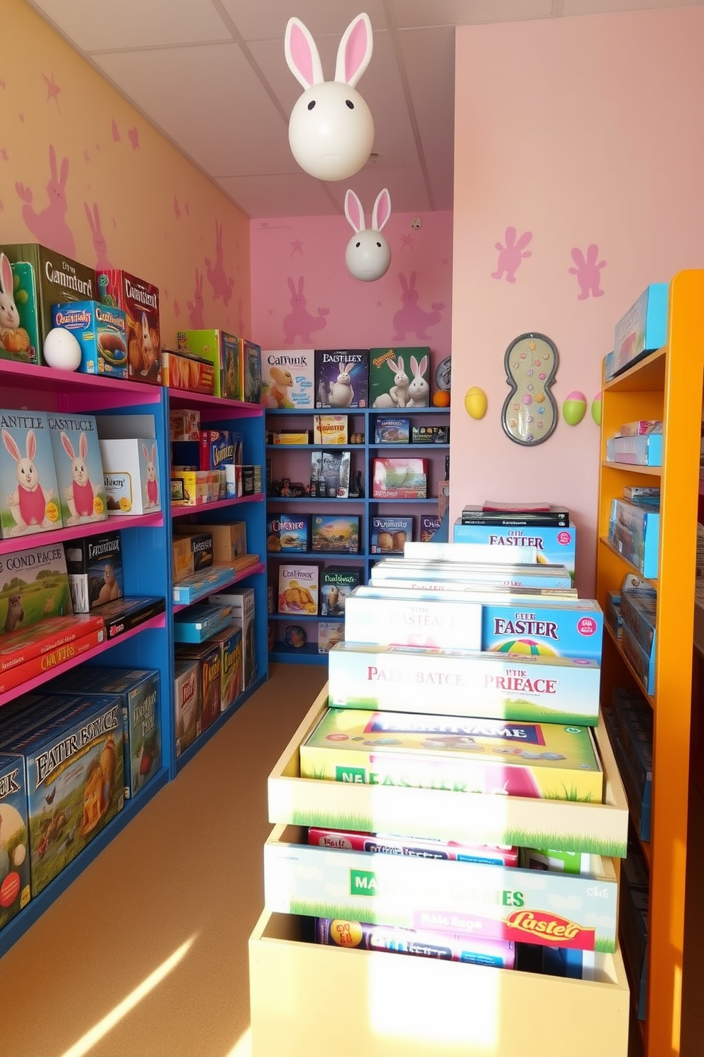 A vibrant game room filled with Easter-themed board games arranged on colorful shelves. The walls are adorned with pastel decorations, featuring bunnies and eggs, creating a festive atmosphere.