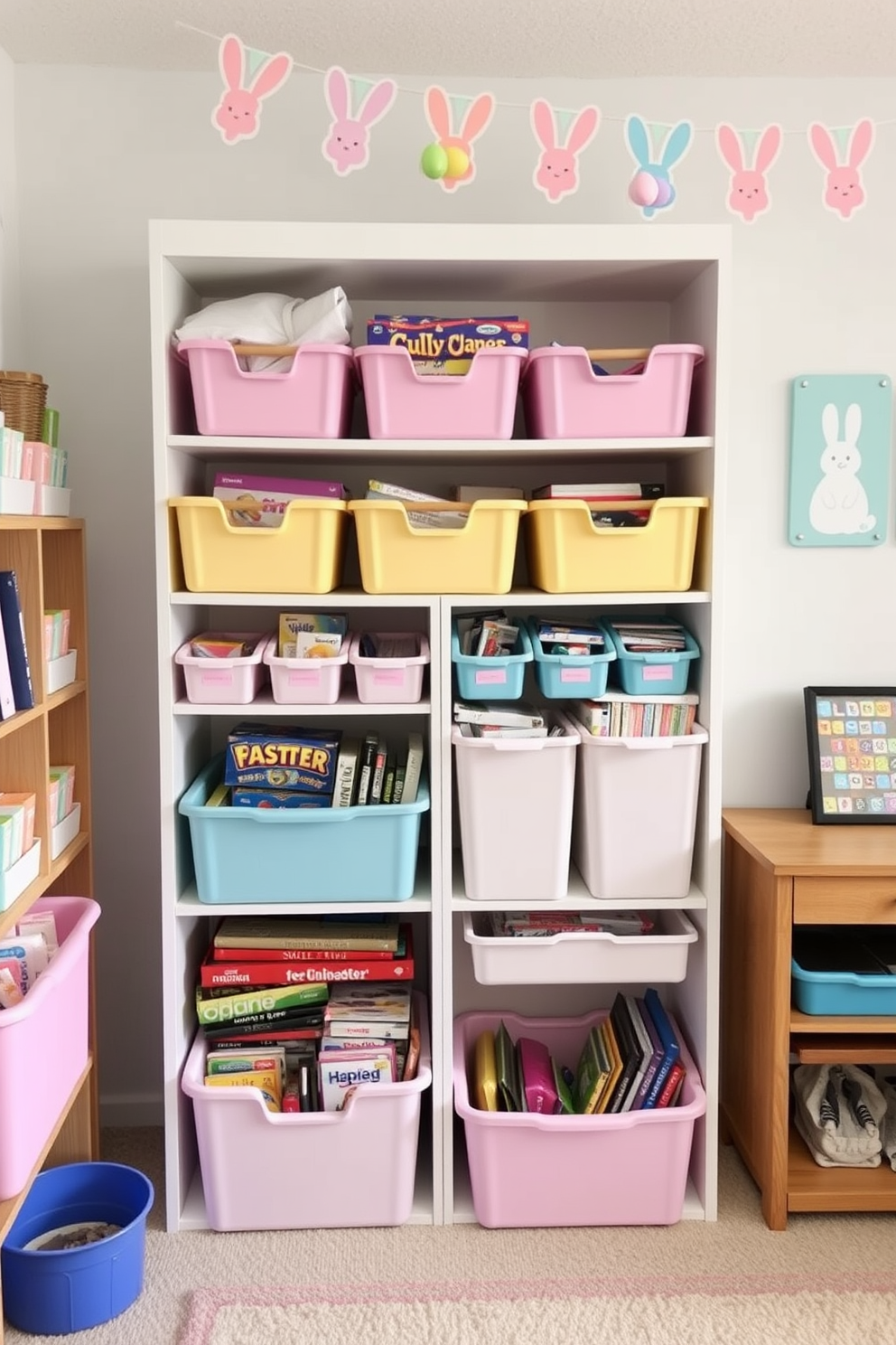 A cozy game room featuring pastel-colored storage bins neatly arranged on shelves, filled with various game supplies. The walls are adorned with cheerful Easter decorations, including colorful bunting and playful bunny motifs that add a festive touch.