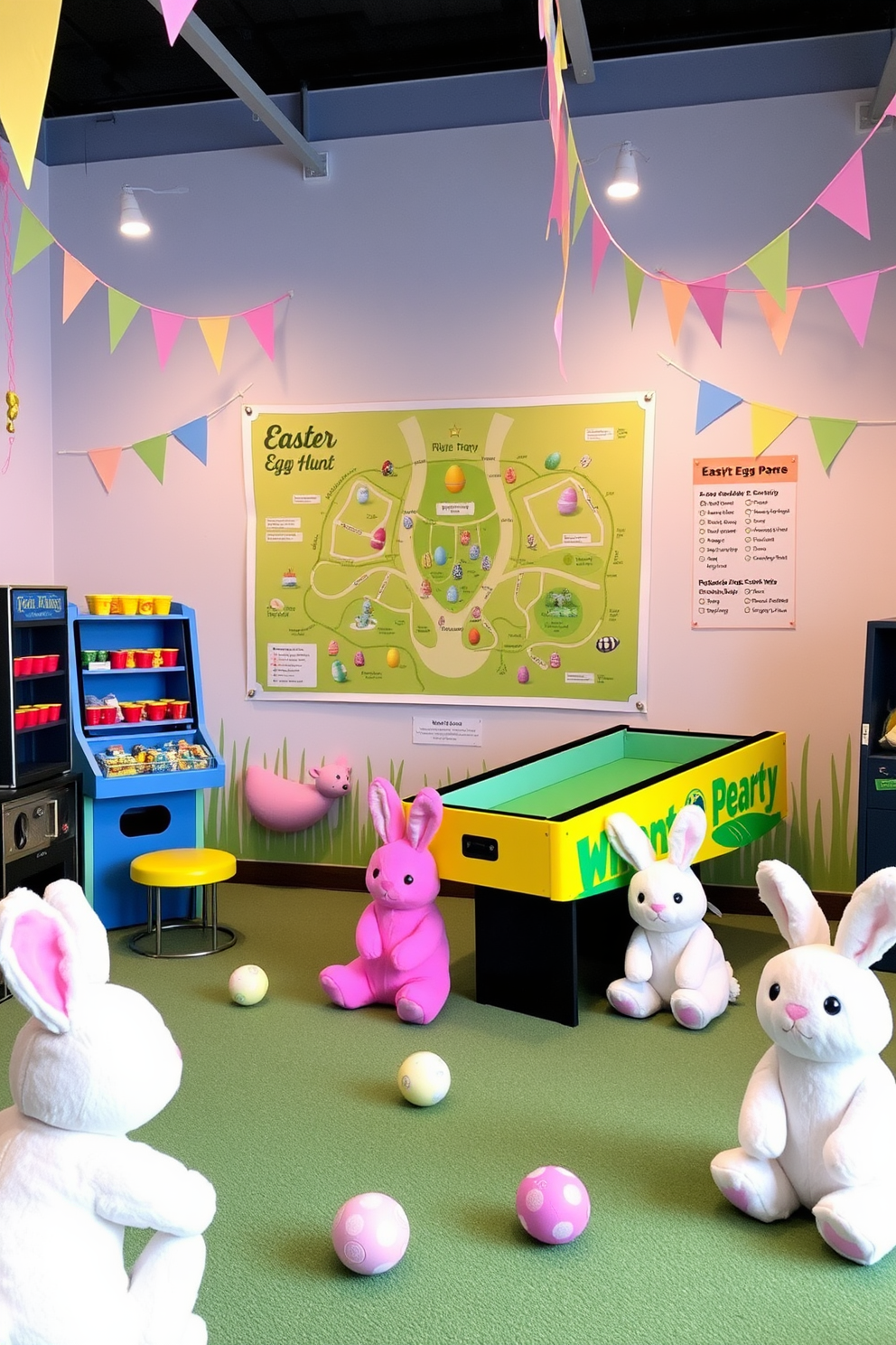 A vibrant game room featuring an Easter egg hunt map displayed prominently on the wall. The room is adorned with playful decorations including pastel-colored banners and oversized plush bunnies scattered throughout the space.