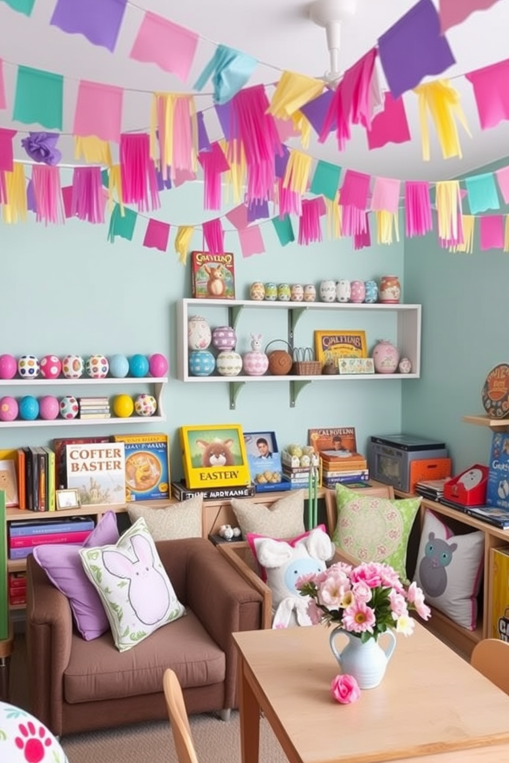 A vibrant game room filled with DIY Easter crafts as decor. Colorful hand-painted eggs are arranged on shelves alongside board games and plush toys. Brightly colored bunting made from paper and fabric hangs from the ceiling, adding a festive touch. A cozy seating area features Easter-themed cushions and a table set with spring flowers in pastel hues.