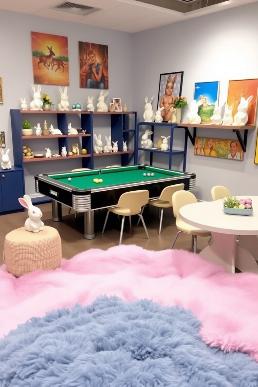 A vibrant game room decorated for Easter features playful bunny figurines strategically placed on shelves and tables. The walls are adorned with colorful artwork, and a large, plush rug in pastel colors invites guests to relax and enjoy the space.