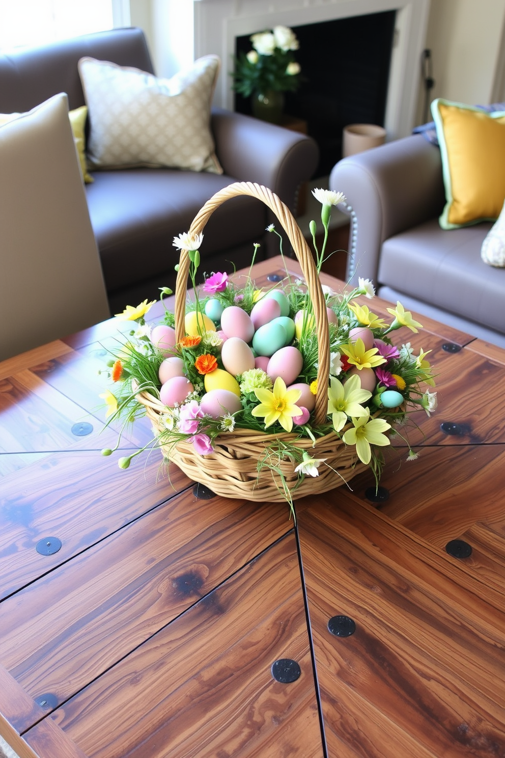 A vibrant Easter basket centerpiece is beautifully arranged on a rustic game table, filled with colorful eggs and spring flowers. The table is surrounded by cozy seating, creating an inviting atmosphere for festive gatherings.