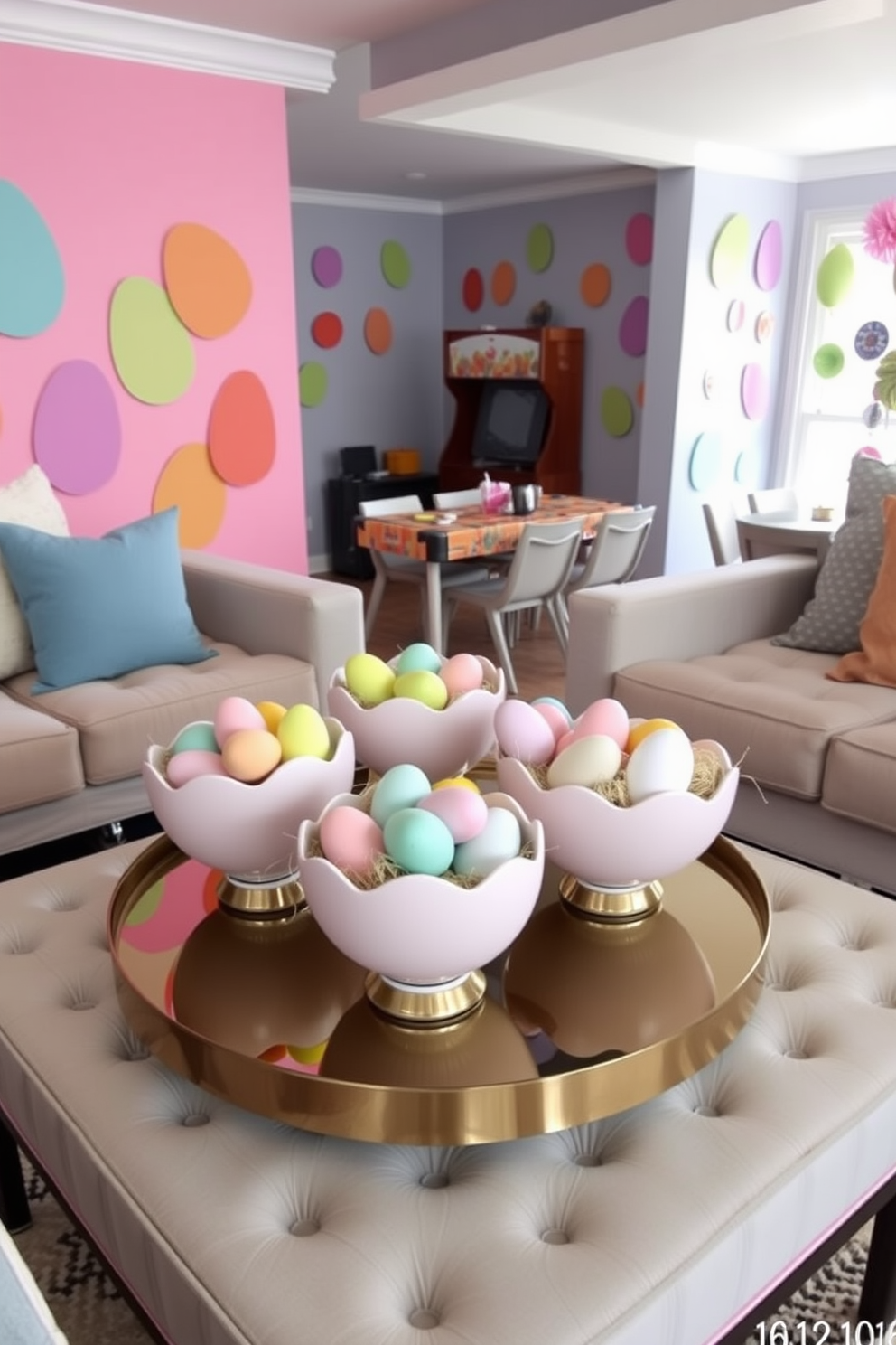 Decorative egg bowls filled with pastel-colored eggs are artfully arranged on a stylish coffee table. The table is surrounded by plush seating, creating a warm and inviting atmosphere for Easter gatherings. In the game room, vibrant decorations celebrate the Easter theme while maintaining a playful vibe. Colorful egg motifs adorn the walls, and a festive table is set up for snacks and games, enhancing the cheerful ambiance.