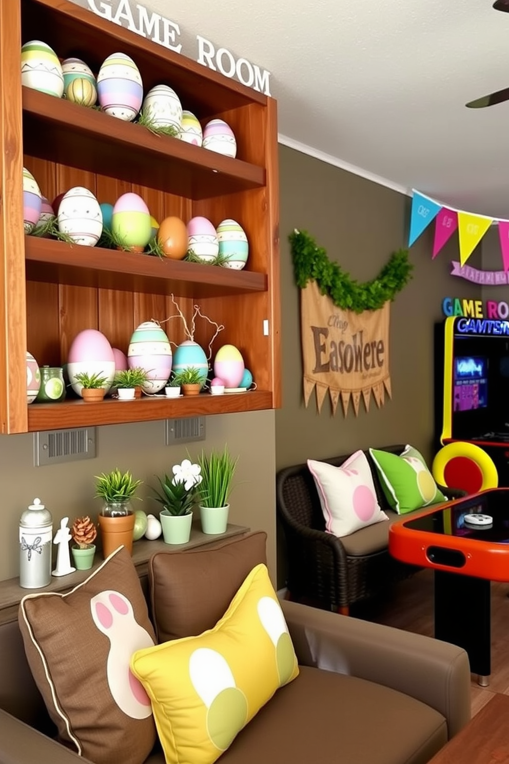 A vibrant game room featuring a playful arrangement of DIY painted eggs displayed in colorful bowls. The walls are adorned with cheerful Easter-themed decorations, creating a festive atmosphere perfect for entertaining guests.