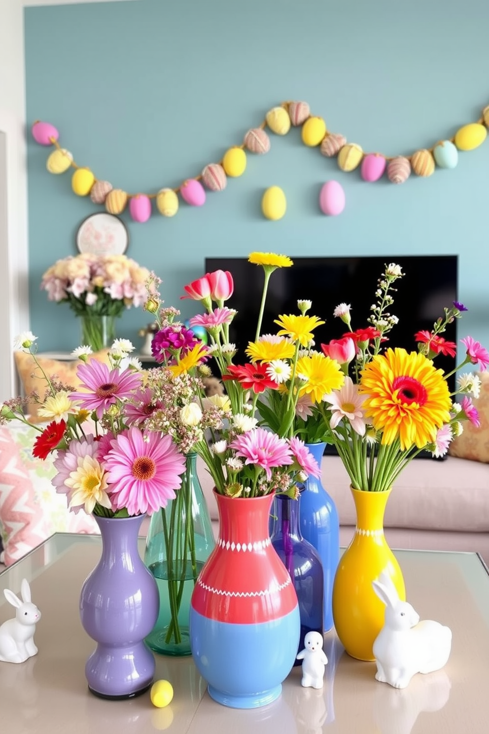 Spring floral arrangements in vibrant vases. The room features an array of colorful blooms in various shapes and sizes, each displayed in unique ceramic and glass vases that add a lively touch to the decor. Game Room Easter Decorating Ideas. The space is adorned with playful Easter-themed decorations, including pastel-colored egg garlands, bunny figurines, and vibrant cushions, creating a fun and festive atmosphere for family gatherings.