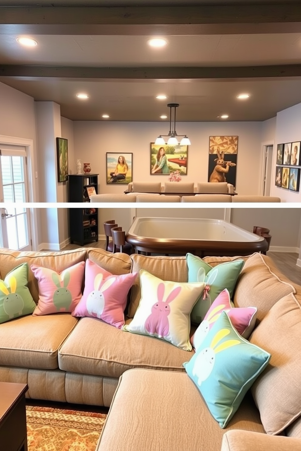 Easter-themed throw pillows are arranged on plush sofas in a cozy living room. The pillows feature vibrant pastel colors and playful bunny designs, adding a festive touch to the space. In the game room, a large sectional sofa is adorned with Easter-themed cushions. The walls are decorated with colorful artwork and the atmosphere is lively, perfect for family gatherings and celebrations.