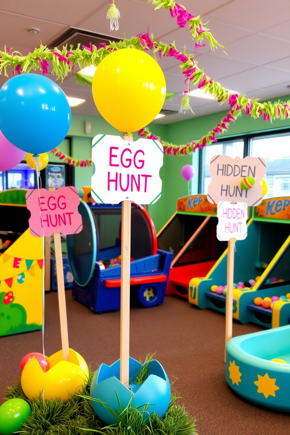 Creative egg hunt signs around the room. Colorful signs are placed strategically, guiding children to hidden eggs throughout the space. The game room is adorned with festive Easter decorations. Brightly colored balloons and playful garlands enhance the cheerful atmosphere, inviting fun and excitement.