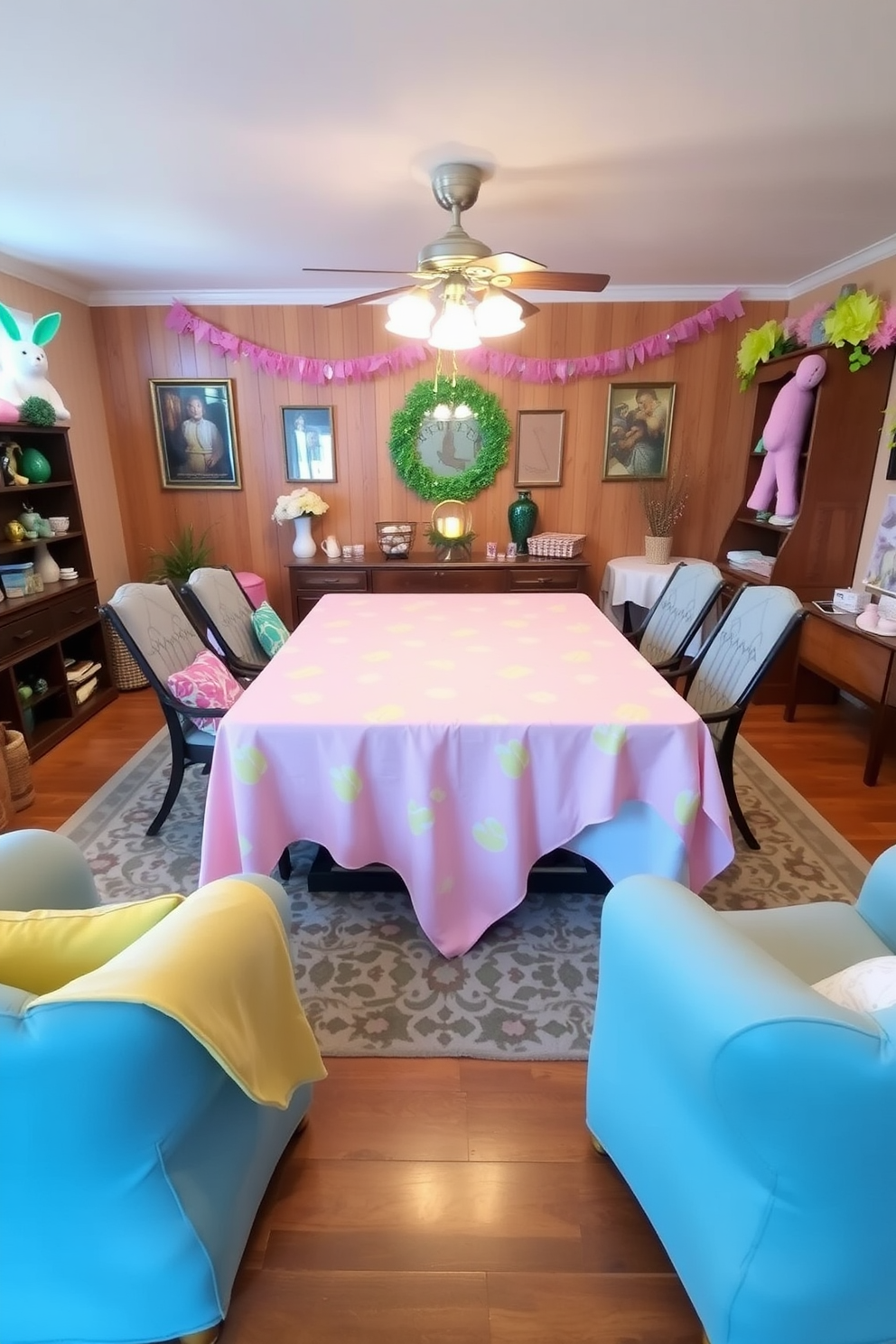 A cozy game room featuring a pastel-colored tablecloth draped over a large game table. The table is surrounded by comfortable seating, and colorful decorations are arranged around the room to create a festive Easter atmosphere.