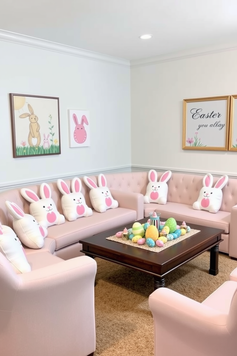 A game room decorated for Easter features a large chalkboard displaying colorful messages and playful drawings related to the holiday. Surrounding the chalkboard, vibrant decorations like pastel-colored balloons and themed wall art create a festive atmosphere.