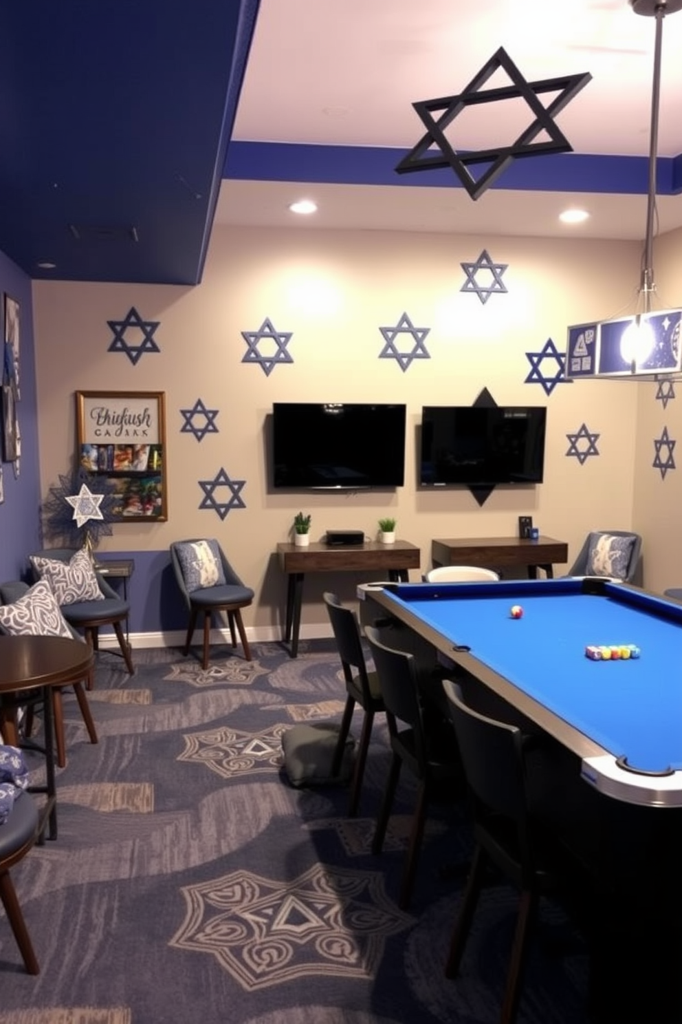 A vibrant game room decorated for Hanukkah featuring Star of David wall decals. The walls are adorned with a mix of blue and silver accents, creating a festive atmosphere perfect for gatherings.