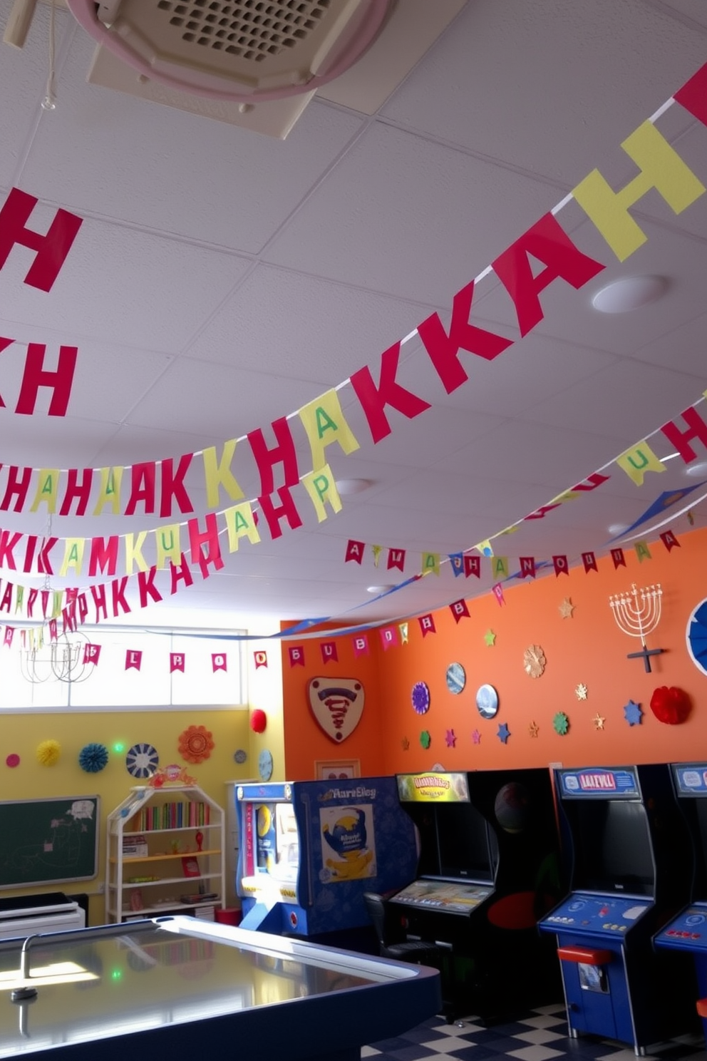 Colorful Hanukkah banners are draped across the ceiling of a vibrant game room. The walls are adorned with playful decorations, creating a festive atmosphere perfect for celebrating the holiday.