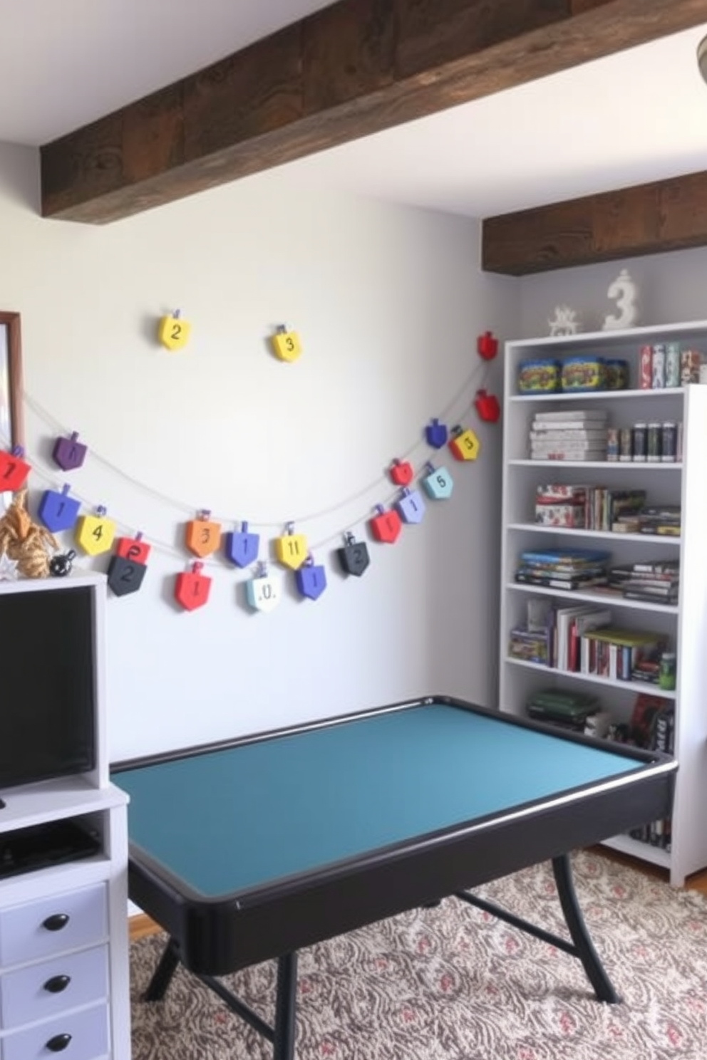 A cozy game room adorned with personalized Hanukkah banners and signs. The walls are decorated with vibrant blue and white colors, creating a festive atmosphere for family gatherings. A large gaming table is set in the center, surrounded by comfortable chairs. Soft lighting from decorative string lights enhances the celebratory mood, while a menorah sits prominently on a nearby shelf.