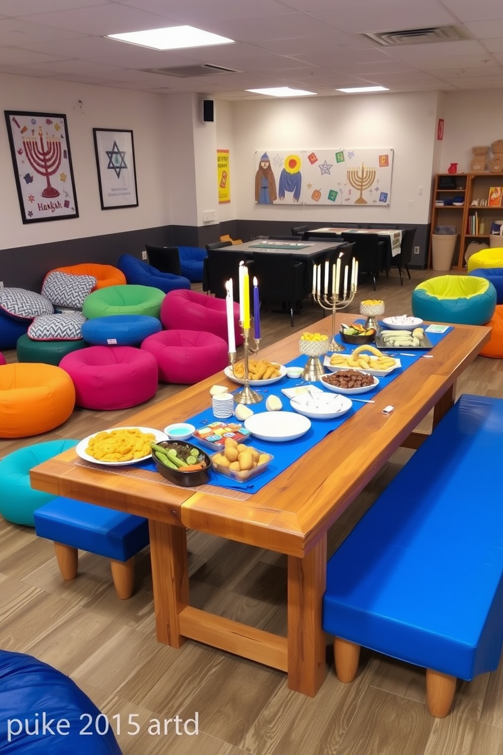 A festive snack bar with themed treats featuring a long wooden table adorned with a vibrant blue tablecloth. On the table, there are platters of traditional Hanukkah foods like latkes, sufganiyot, and gelt, alongside decorative candles and menorahs. The game room is filled with cozy seating and colorful bean bags, creating a welcoming atmosphere for family and friends. The walls are decorated with playful Hanukkah-themed artwork, and a large game table is set up for board games and card games, enhancing the festive spirit.