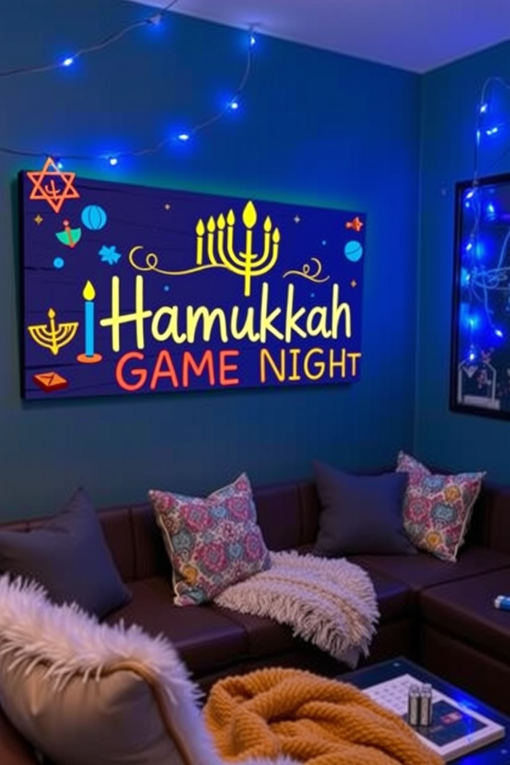 A personalized Hanukkah game night sign features vibrant colors and playful designs that capture the festive spirit. The sign is adorned with symbols of the holiday, such as menorahs and dreidels, creating a welcoming atmosphere for family and friends. For game room Hanukkah decorating ideas, incorporate themed decorations like string lights in blue and white and festive table settings. Add cozy seating areas with plush cushions and blankets, inviting guests to enjoy games and celebrate together.