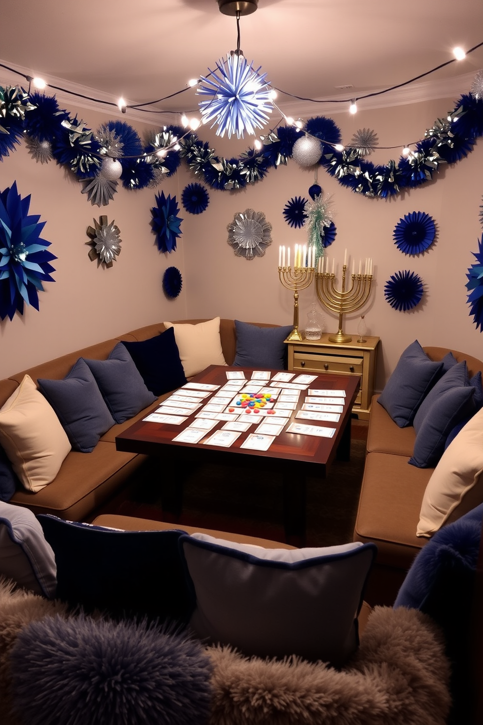 A cozy game room designed for a Hanukkah trivia game. The walls are adorned with festive blue and silver decorations, and a large table is set in the center with trivia cards and colorful game pieces. Comfortable seating surrounds the table, with plush cushions in shades of blue and white. String lights hang overhead, casting a warm glow, while a menorah sits prominently on a side table, adding to the holiday spirit.