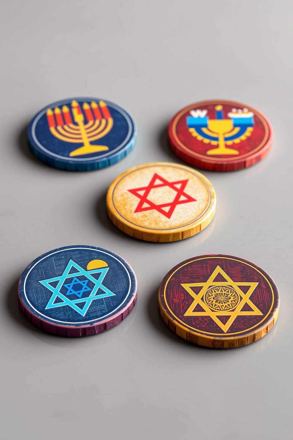 Create a set of themed coasters featuring Hanukkah symbols such as the menorah, dreidel, and Star of David. Each coaster should reflect vibrant colors and intricate designs that capture the spirit of the holiday. Design a cozy game room for Hanukkah celebrations that includes a large table for board games and comfortable seating. Incorporate festive decorations like string lights and a menorah centerpiece to enhance the holiday atmosphere.