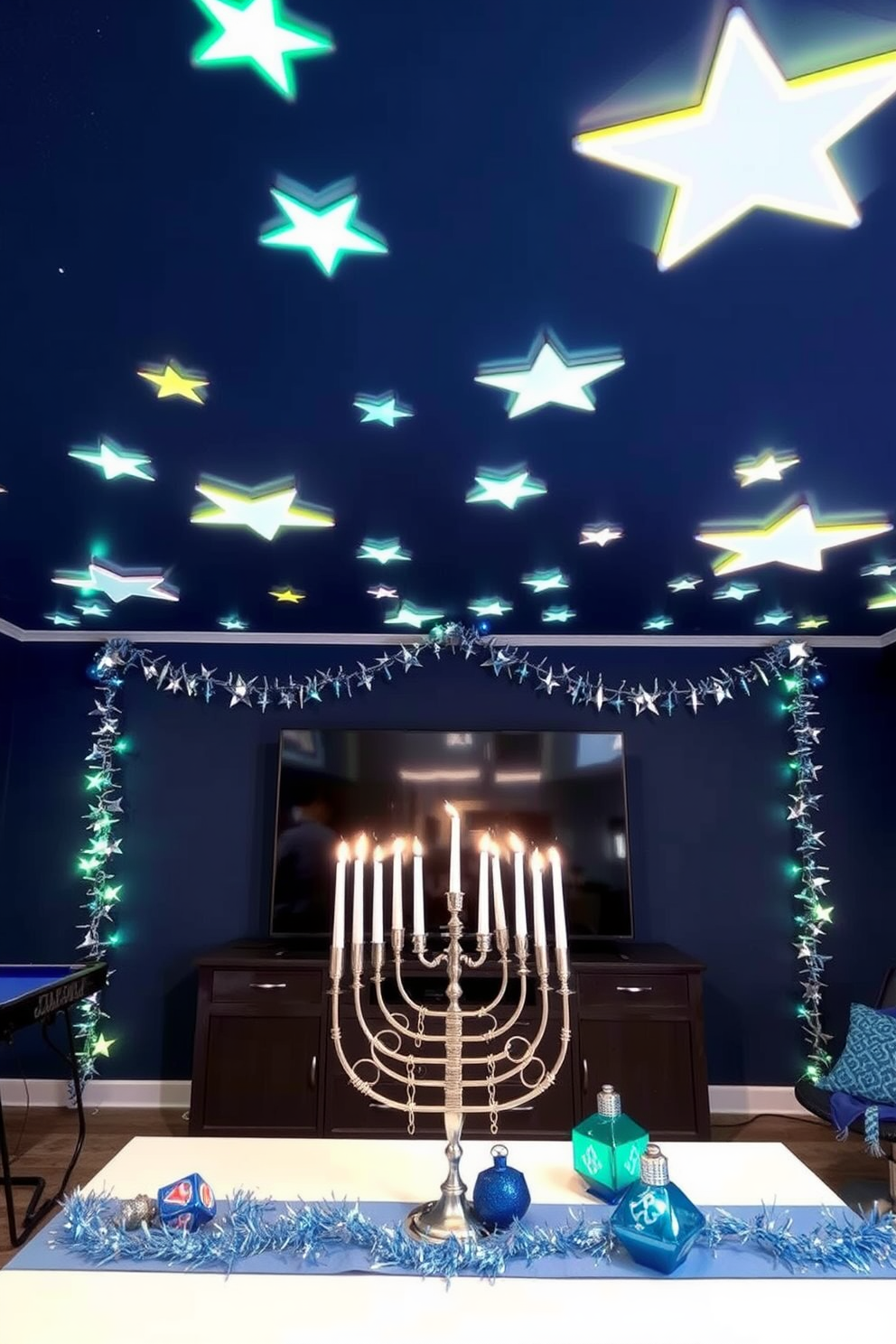 A vibrant DIY photo booth is set up with a backdrop featuring blue and silver colors, adorned with festive Hanukkah decorations. The booth includes a variety of fun props like oversized dreidels, menorah cutouts, and playful hats for guests to wear. The game room is transformed into a cozy Hanukkah celebration space filled with themed decorations. String lights illuminate the area, while a table is set up with Hanukkah-themed games and activities for family and friends to enjoy.