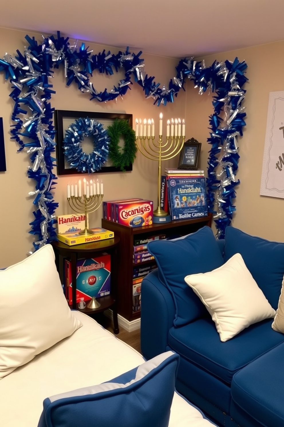 A festive game room setting designed for Hanukkah celebrations. The table is adorned with vibrant blue table runners that add a pop of color, complemented by elegant menorahs and decorative dreidels.