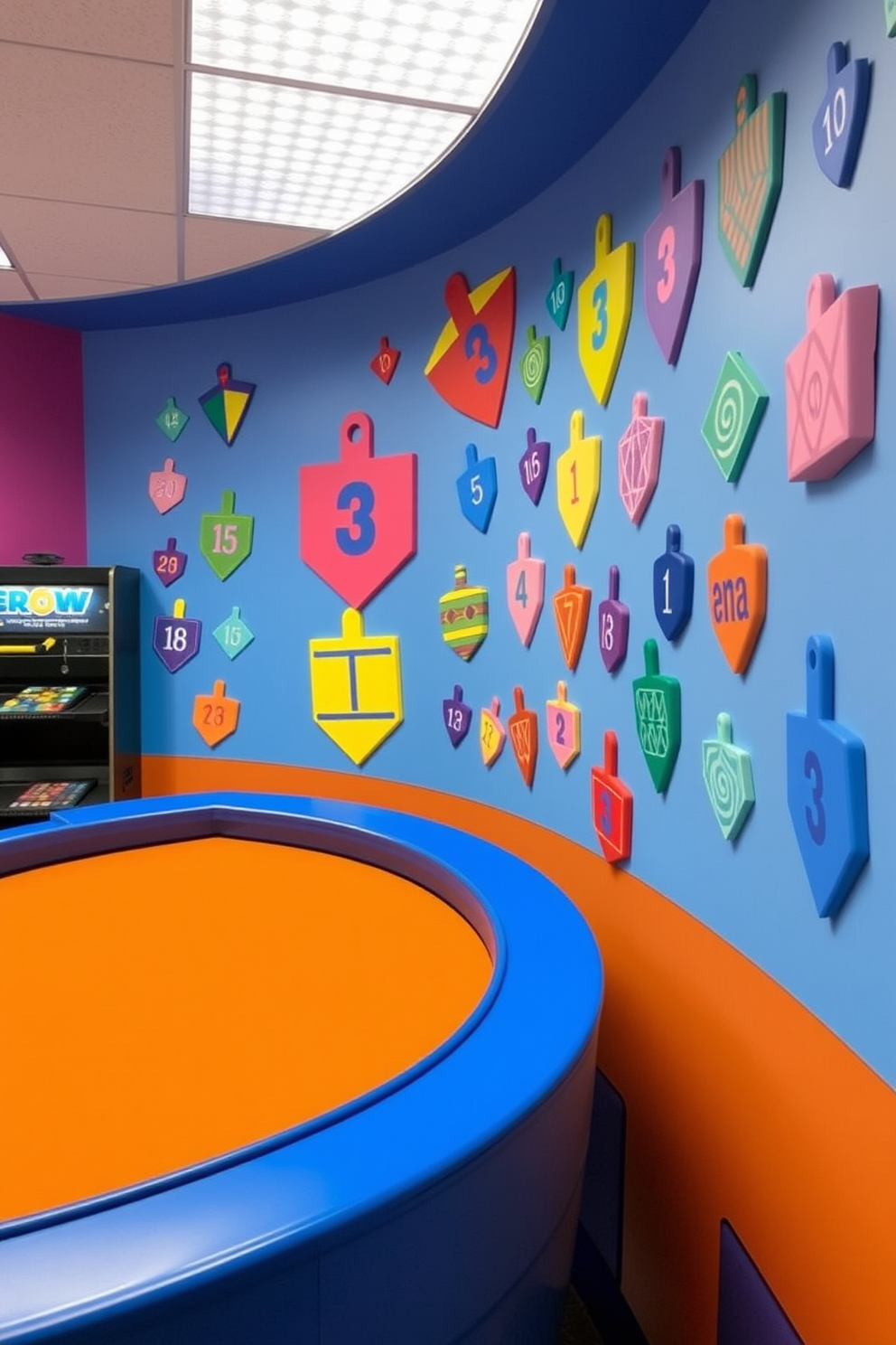 A vibrant game room featuring a dreidel-themed wall art display. The walls are adorned with colorful paintings of dreidels in various patterns, creating a festive atmosphere perfect for Hanukkah celebrations.