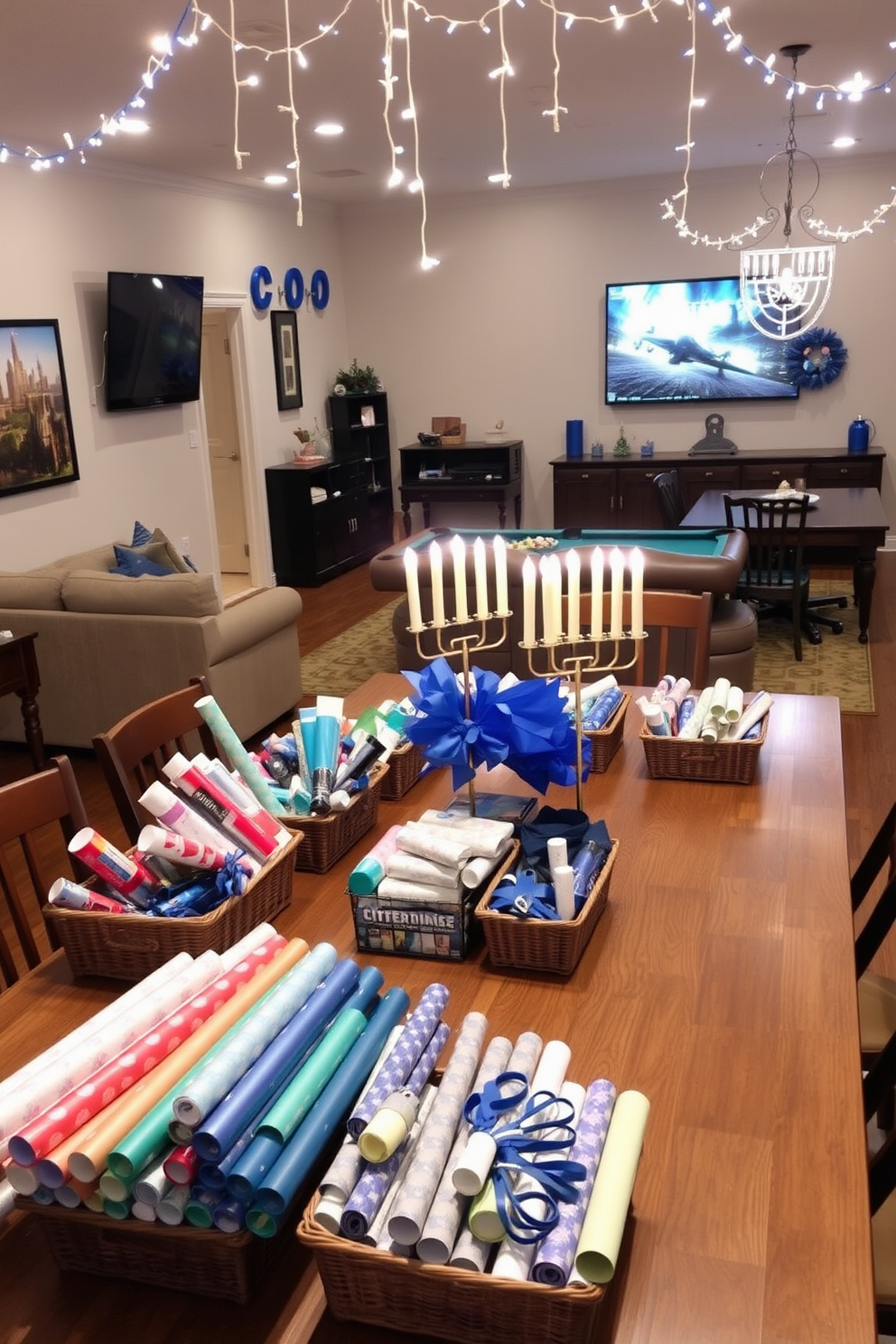 A creative gift wrapping station setup. The table is covered with colorful wrapping paper rolls, scissors, and ribbons neatly organized in baskets. A game room designed for fun and relaxation. The space features a large sectional sofa, a pool table, and a wall-mounted TV for gaming and movie nights. Hanukkah decorating ideas for a festive atmosphere. The room is adorned with blue and silver decorations, including a menorah centerpiece on the dining table and string lights hanging from the ceiling.