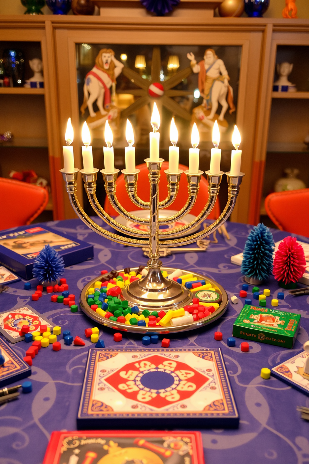 A beautifully arranged tabletop menorah is the centerpiece of a vibrant game night table. Surrounding the menorah are colorful game pieces and festive decorations that reflect the spirit of Hanukkah.