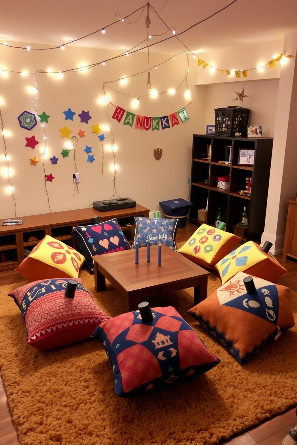 Dreidel-shaped cushions are arranged around a low coffee table in a cozy game room. The cushions feature vibrant colors and patterns inspired by traditional Hanukkah symbols, creating a festive atmosphere for gatherings. The walls are adorned with playful Hanukkah decorations, including string lights and paper garlands. A warm rug covers the floor, inviting guests to sit and enjoy games while celebrating the holiday spirit.